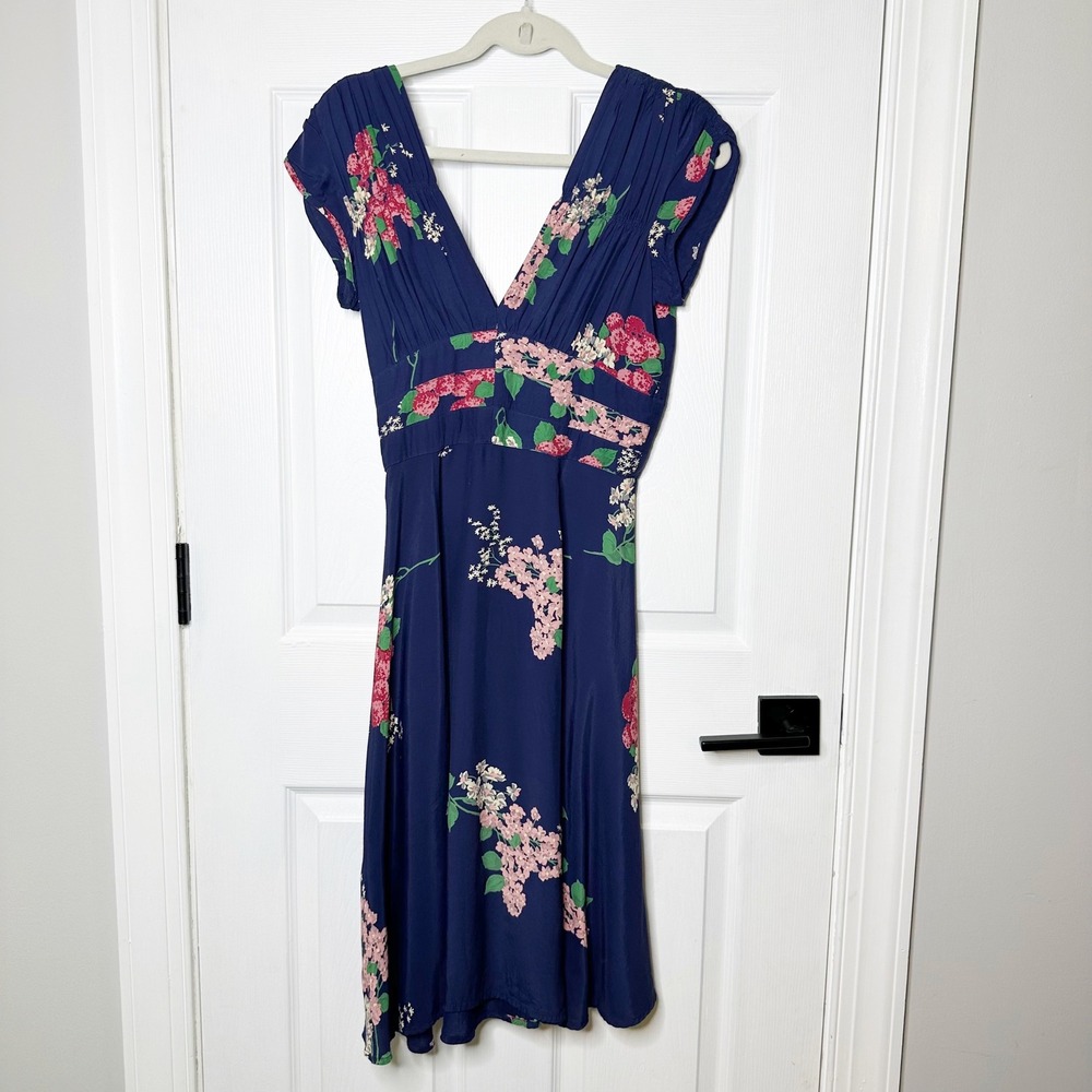 Trashy Diva Floral Crimson Clover‎ Dress Womens 4 Navy Blue V-Neck Cap Sleeve